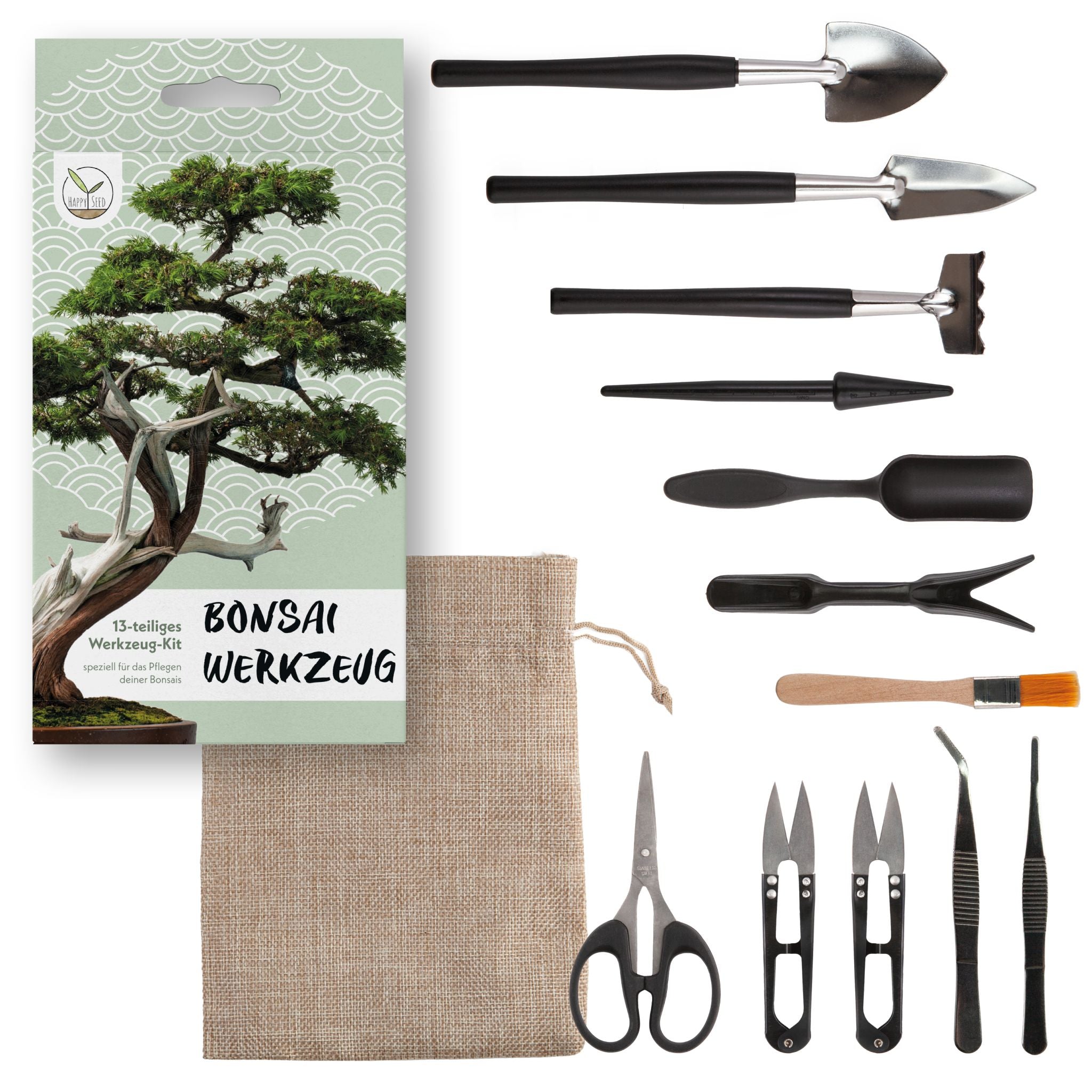 Bonsai Werkzeug-Set 13-teilig mit praktischem Aufbewahrungsbeutel –  HappySeed