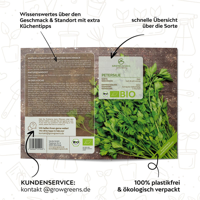 BIO Petersilie Samen glatt - Küchenkräuter Saatgut aus biologischem Anbau (300 Korn) - HappySeed