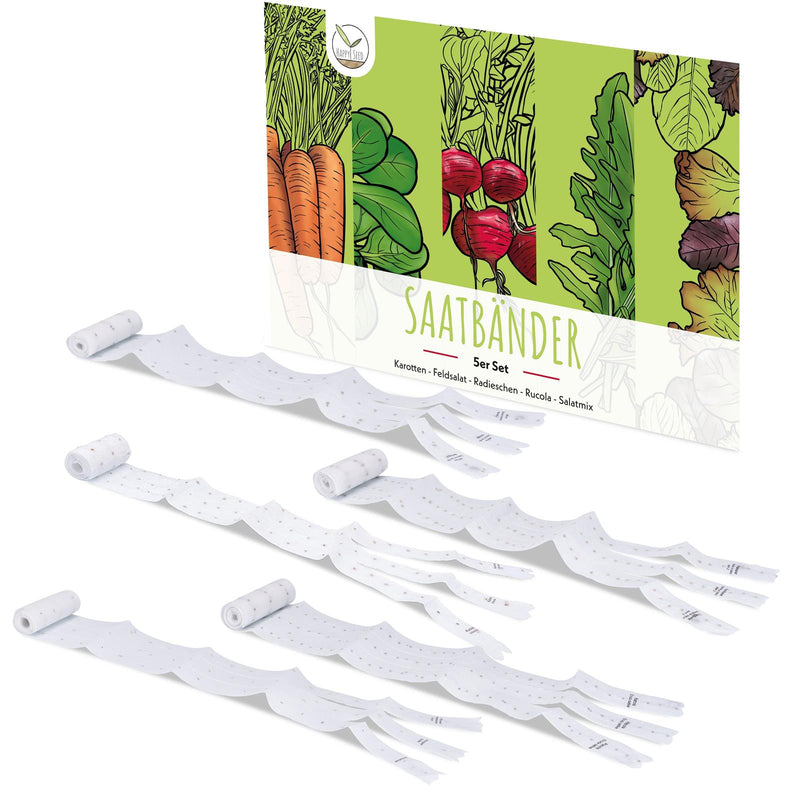 5m Saatband bestehend aus Karotten, Radieschen, Rucola, Feldsalat & Pflücksalat Samen (5er Set) - HappySeed