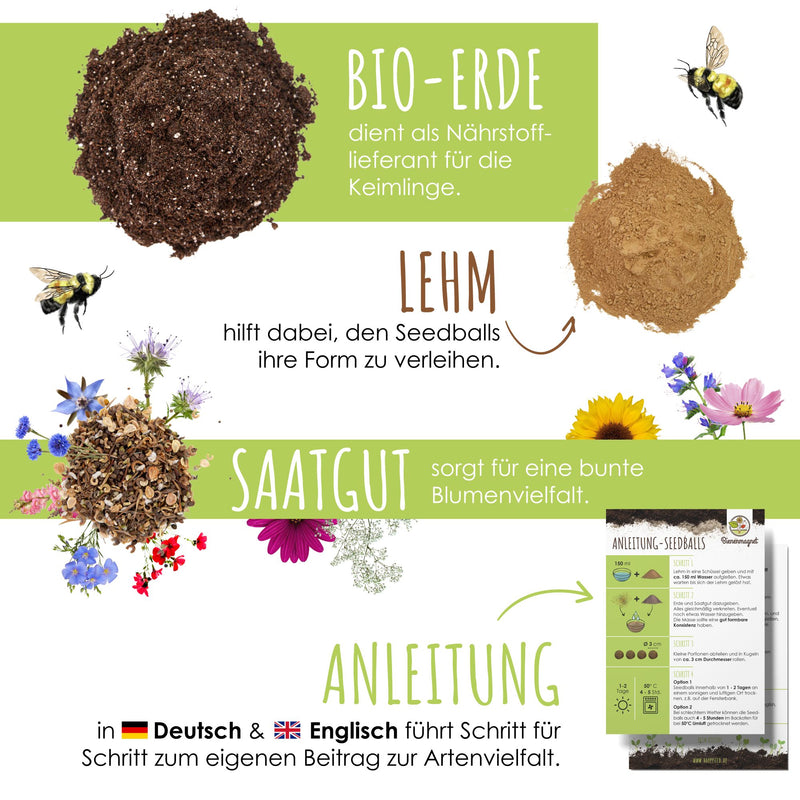 DIY Set für Samenbomben - selber machen für eine bunte Bienenweide für 20-30 Seedbombs - HappySeed