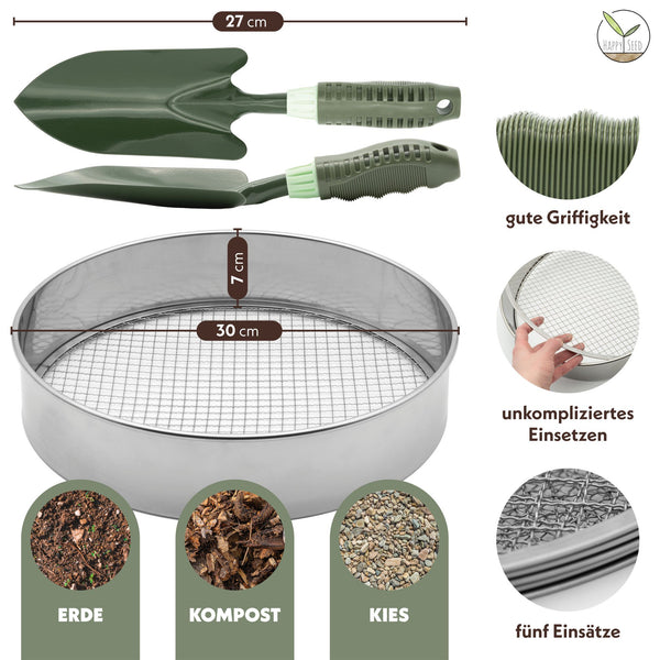 Gartensieb rund 30 cm mit 5 austauschbaren Siebeinsätzen - inklusive Gartenschaufel