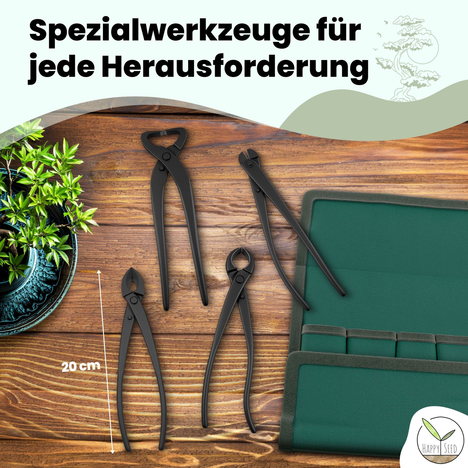 Bonsai Werkzeug-Set Profi 4-teilig aus Stahl mit praktischer Aufbewahr –  HappySeed