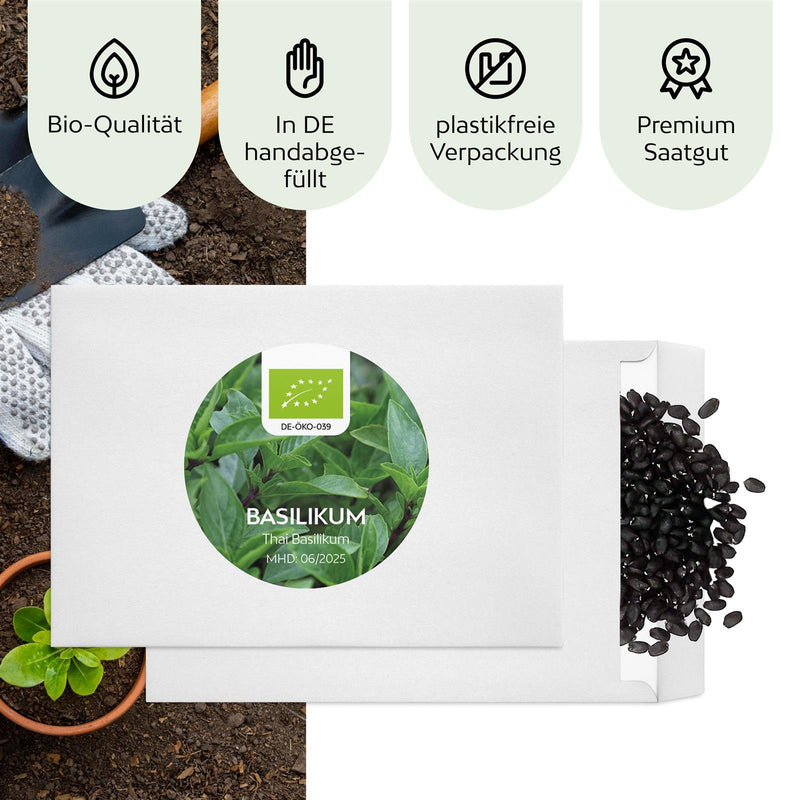 BIO Thai Basilikum Samen - Küchenkräuter Saatgut aus biologischem Anbau (250 Korn) - HappySeed