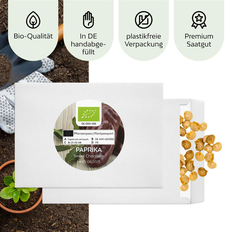 BIO Paprika Samen (Sweet Chocolate) - Paprika Saatgut aus biologischem Anbau (10 Korn) - HappySeed