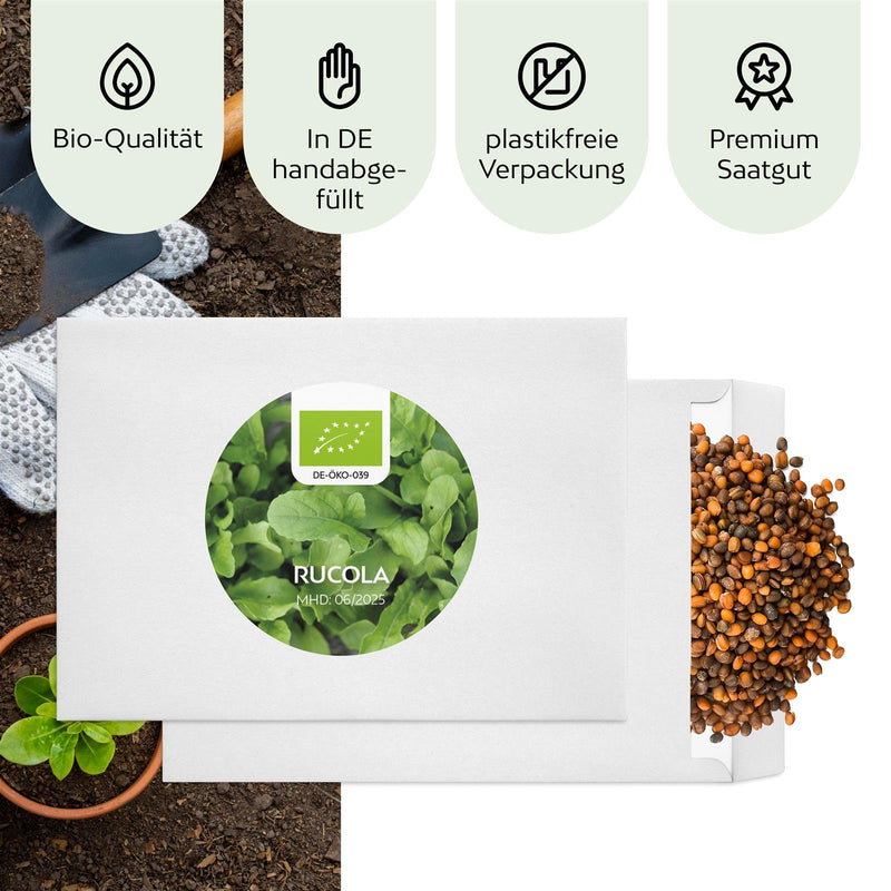 BIO Rucola Samen (Eruca sativa) - Rauke Saatgut aus biologischem Anbau (500 Korn) - HappySeed