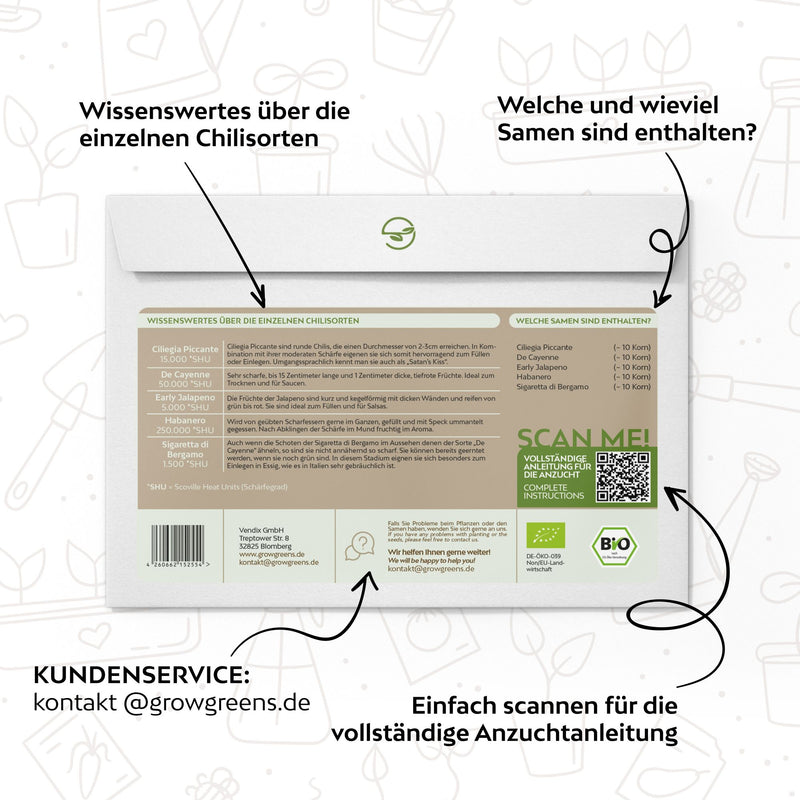 BIO Chilisamen Set (5 Sorten) - Chili Saatgut aus biologischem Anbau - HappySeed