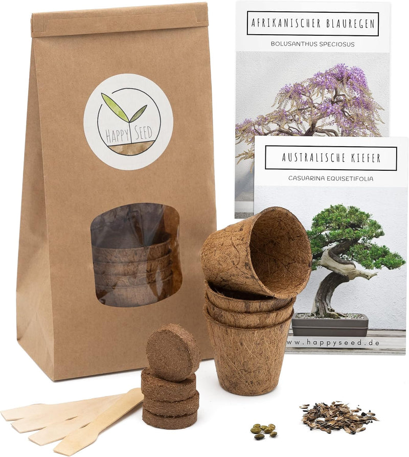 Bonsai Starter Kit Anzuchtset aus Kokostöpfen mit Samen, Erde und eBook