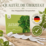 Rückseite der Verpackung mit Aussaatanleitung: Aussaat Juli bis August, Ernte November bis März