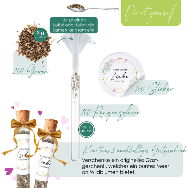 Reagenzgläser mit Blumensamen als Gastgeschenke zur Hochzeit