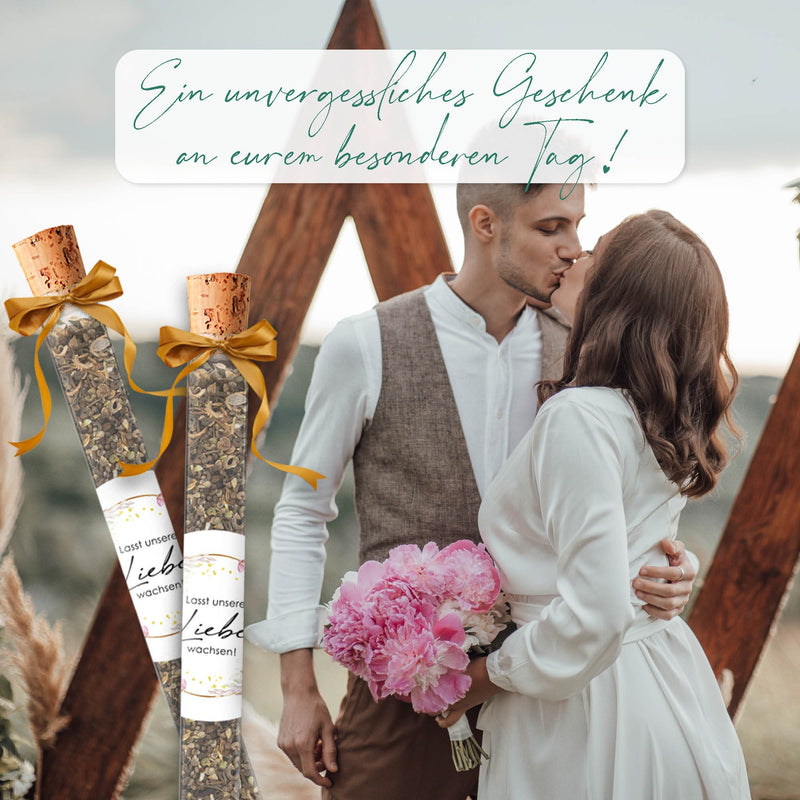 Reagenzgläser mit Blumensamen als Gastgeschenke zur Hochzeit
