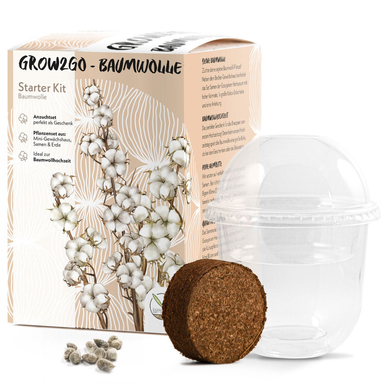 GROW2GO Baumwoll-Pflanzset ideal zur Baumwollhochzeit - Mini-Gewächshaus, Baumwollsamen &amp; Erde - HappySeed