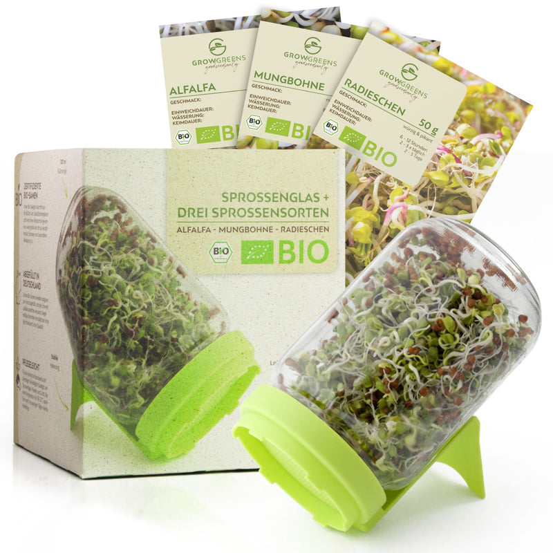 Sprossenglas Keimglas Set mit 3 Bio Sprossen Samen - Microgreens Anzuchtset für knackige Keimsprossen (Alfalfa, Mungbohne, Radieschen) - HappySeed