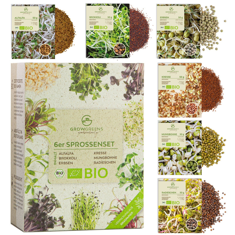 BIO Sprossen Samen (6 Sorten) - Microgreens Saatgut ideal für die Anzucht von knackigen Keimsprossen - HappySeed