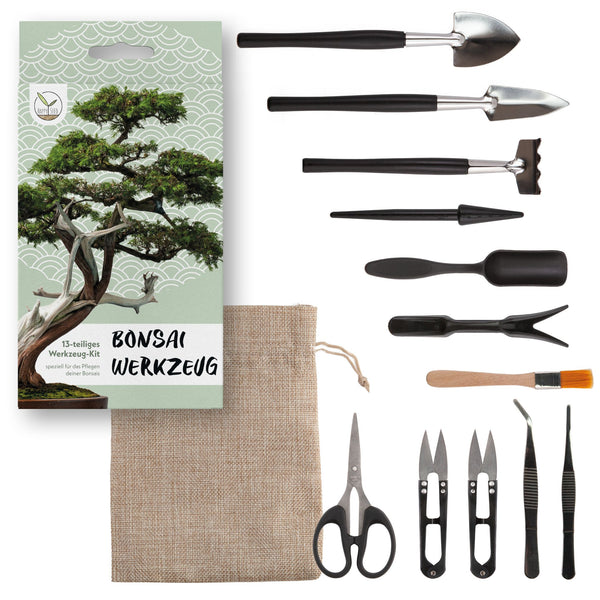 Bonsai Werkzeug-Set 13-teilig mit praktischem Aufbewahrungsbeutel - HappySeed