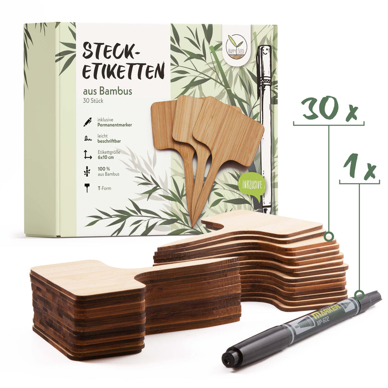 30x Pflanzenstecker zum Beschriften inklusive Marker (Stecker aus robustem Bambus) - HappySeed