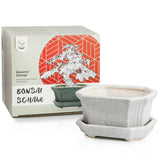 Bonsai Schale aus Keramik mit Untersetzer in Grau - 11 x 6,5 x 9 cm - HappySeed
