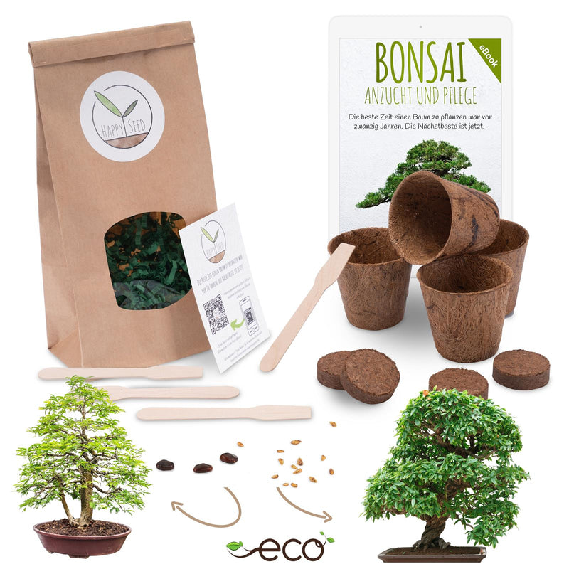 Bonsai Starter Kit inkl. eBook - Pflanzset aus Kokostöpfen, Samen &amp; Erde  (Zwerg-Granatapfel + Tamarinde) - HappySeed