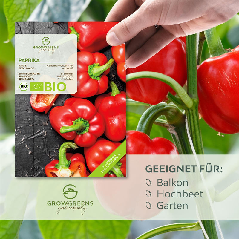 BIO Paprika Samen (California Wonder) - Rote Paprika Saatgut aus biologischem Anbau (10 Korn) - HappySeed