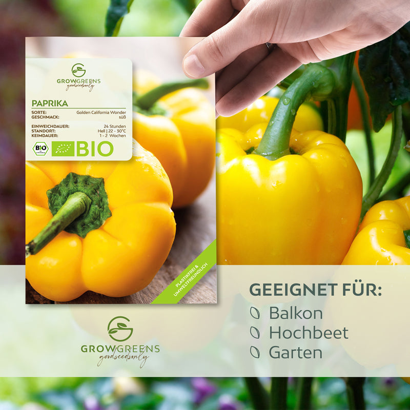 BIO Paprika Samen (Golden California Wonder) - Gelbe Paprika Saatgut aus biologischem Anbau (10 Korn) - HappySeed