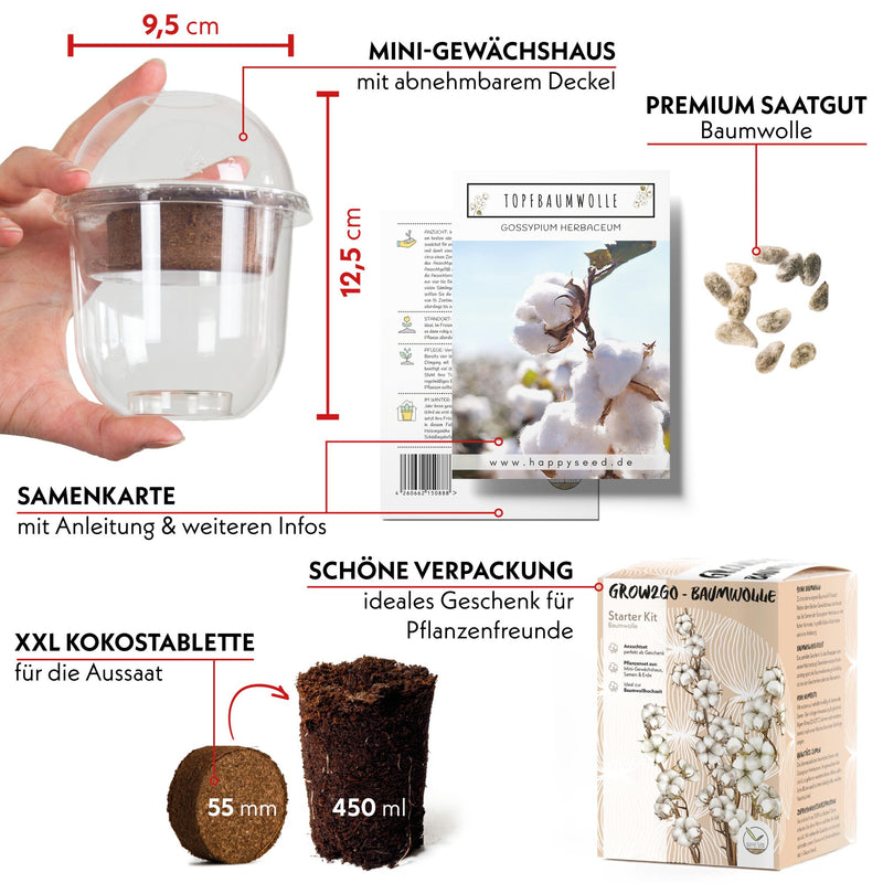 GROW2GO Baumwoll-Pflanzset ideal zur Baumwollhochzeit - Mini-Gewächshaus, Baumwollsamen &amp; Erde - HappySeed