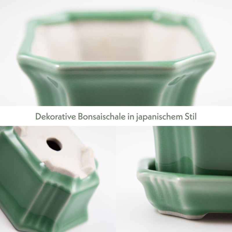 Bonsai Schale aus Keramik mit Untersetzer in Jadegrün - 11 x 6,5 x 9 cm - HappySeed