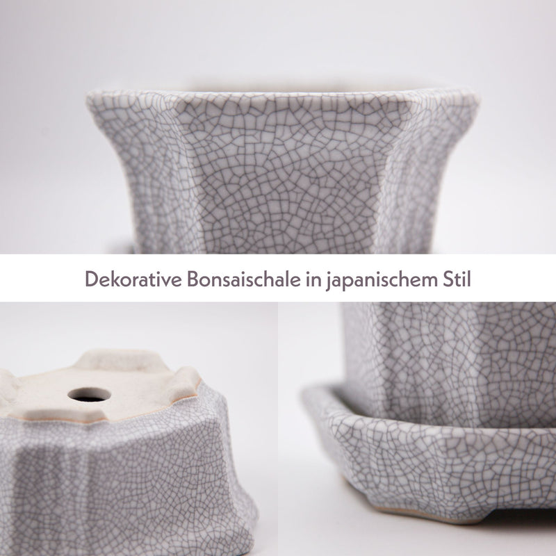 Bonsai Schale aus Keramik mit Untersetzer in Grau - 11 x 6,5 x 9 cm - HappySeed