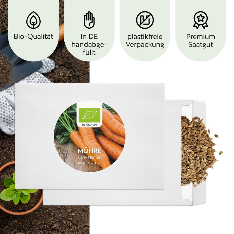 BIO Karotten Samen (Early Nantes) - Möhren Saatgut aus biologischem Anbau (500 Korn) - HappySeed