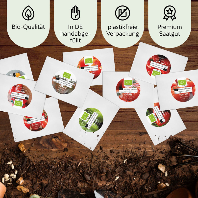 BIO Tomatensamen Set (10 Sorten) - Tomaten Samen Anzuchtset aus biologischem Anbau - HappySeed