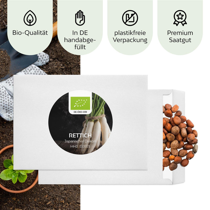 BIO Rettich Samen (Japanischer Daikon) - Rettich Saatgut aus biologischem Anbau (50 Korn) - HappySeed