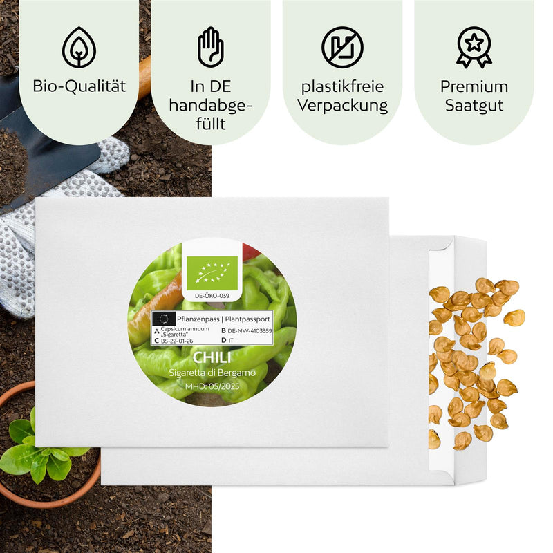 BIO Chili Samen (Sigaretta di Bergamo, 1.500 Scoville) - Chili Saatgut aus biologischem Anbau (10 Korn) - HappySeed