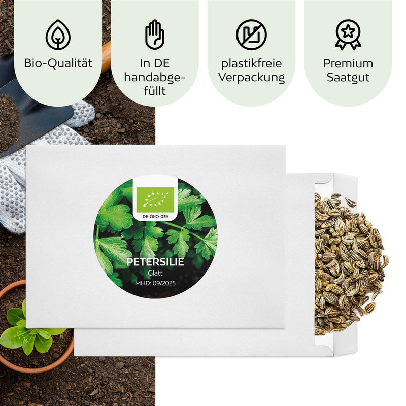 BIO Petersilie Samen glatt - Küchenkräuter Saatgut aus biologischem Anbau (300 Korn) - HappySeed