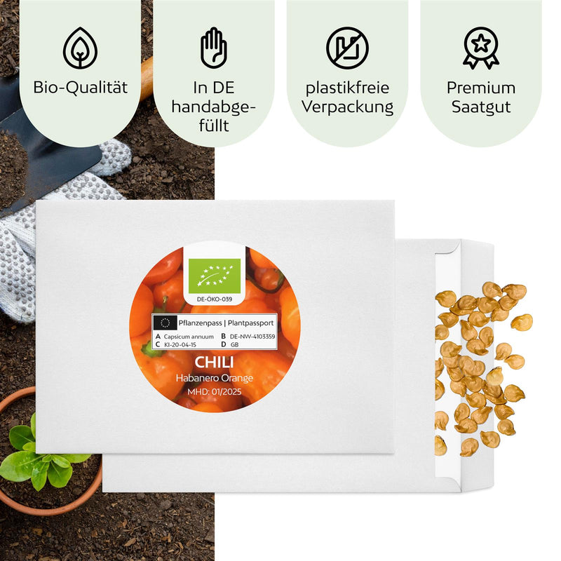 BIO Chili Samen (Habanero Orange, 250.000 Scoville) - Chili Saatgut aus biologischem Anbau (10 Korn) - HappySeed