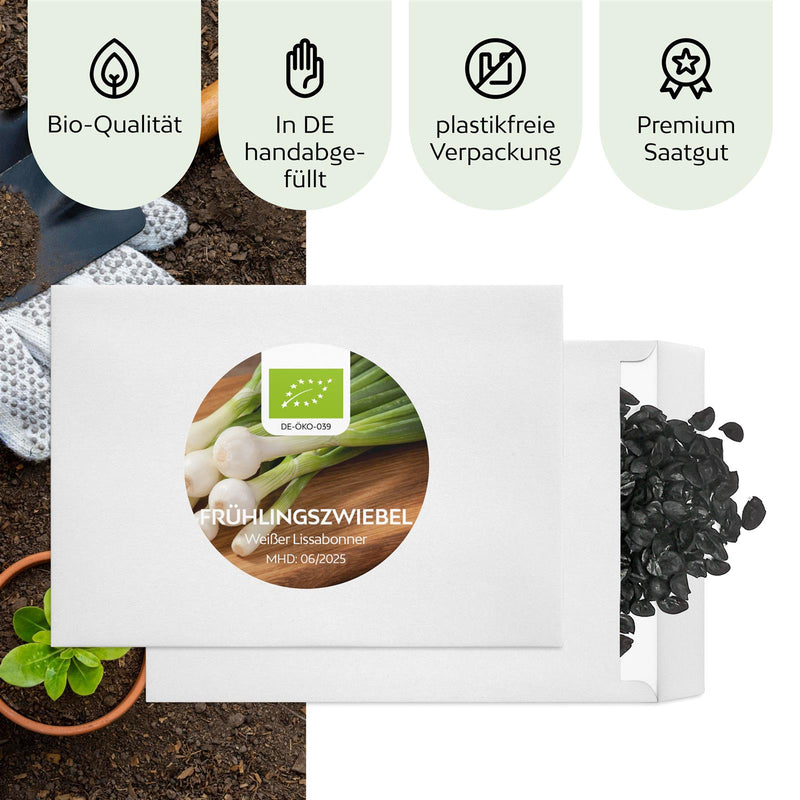 BIO Frühlingszwiebel Samen (Weißer Lissabonner) - Frühlingszwiebeln Saatgut aus biologischem Anbau (75 Korn) - HappySeed