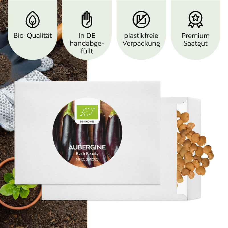 BIO Aubergine Samen (Black Beauty) - Auberginen Saatgut aus biologischem Anbau (25 Korn) - HappySeed