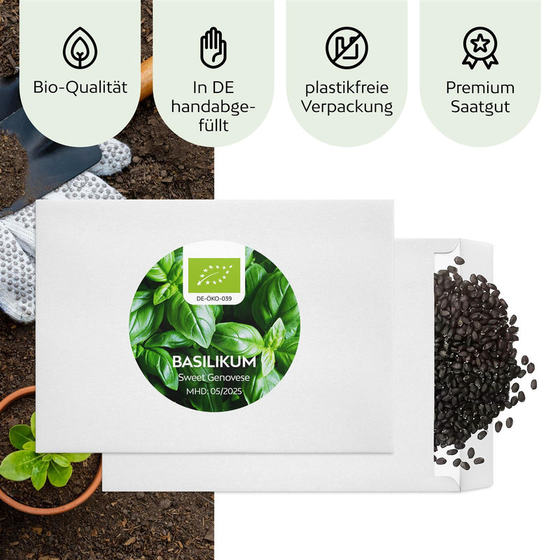 BIO Basilikum Samen Sweet Genovese - Küchenkräuter Saatgut aus biologischem Anbau (400 Korn) - HappySeed