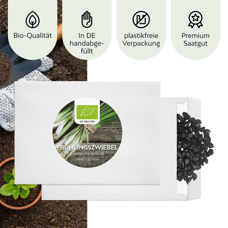 BIO Frühlingszwiebel Samen (Japanische Ishikura) - Frühlingszwiebeln Saatgut aus biologischem Anbau (75 Korn) - HappySeed