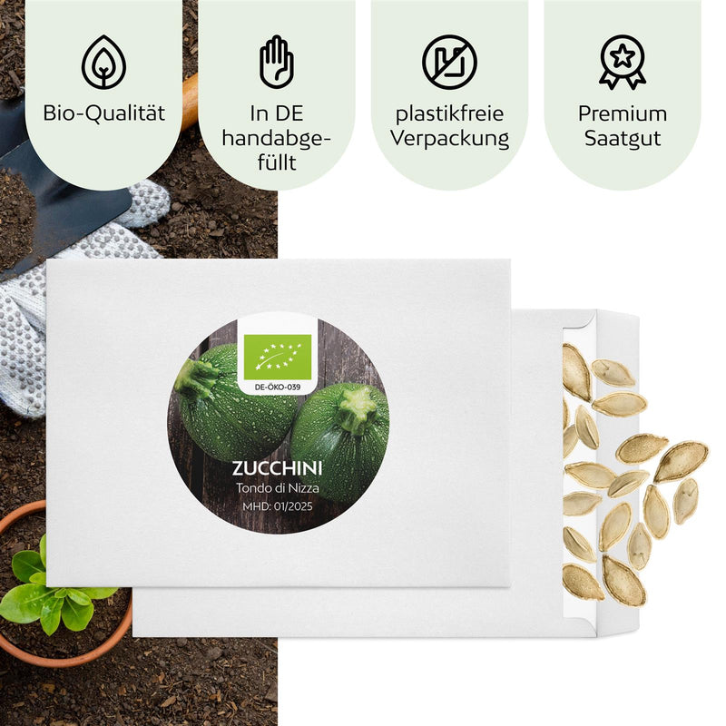 BIO Zucchini Samen Rund (Tondo di Nizza) - Zucchini Saatgut aus biologischem Anbau (5 Korn) - HappySeed