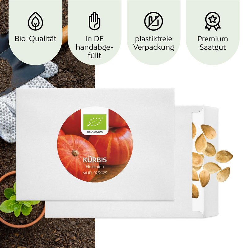 BIO Kürbis Samen (Hokkaido) - Kürbis Saatgut aus biologischem Anbau (5 Korn) - HappySeed