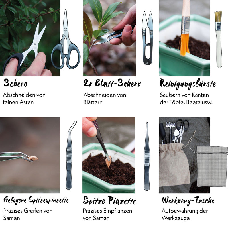 Bonsai Werkzeug-Set 13-teilig mit praktischem Aufbewahrungsbeutel - HappySeed