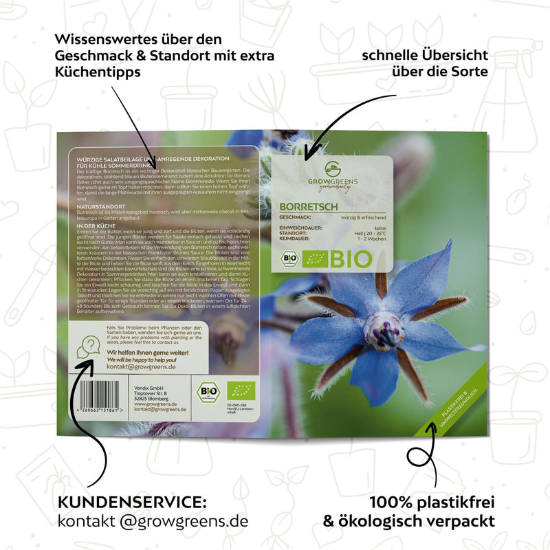 BIO Borretsch Samen - Küchenkräuter Saatgut aus biologischem Anbau (40 Korn) - HappySeed