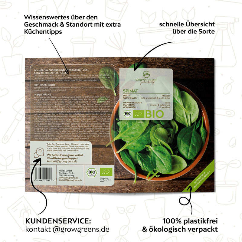 BIO Spinat Samen (Matador) - Spinat Saatgut aus biologischem Anbau (150 Korn) - HappySeed