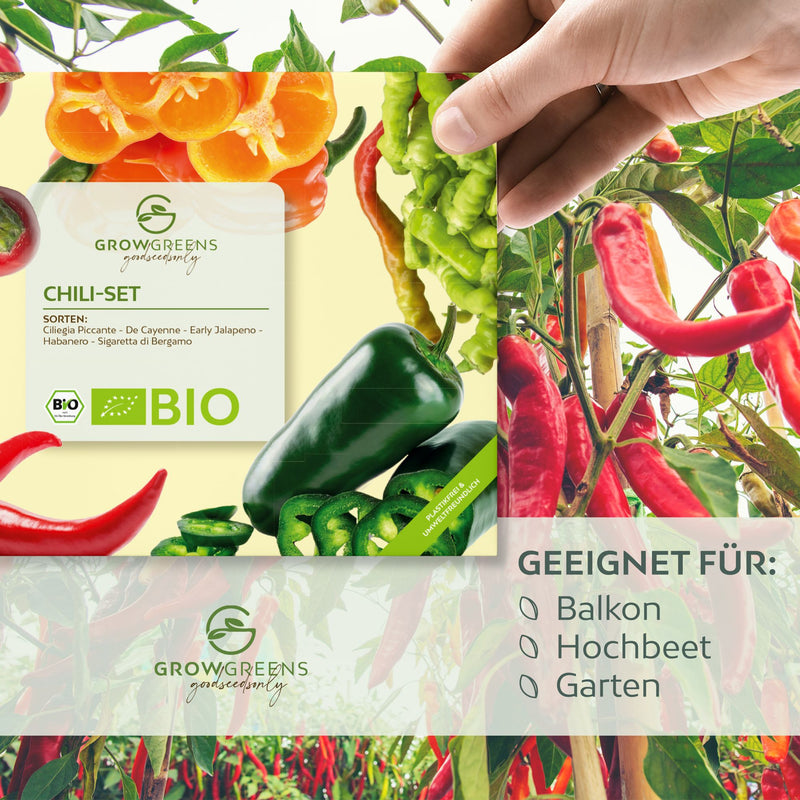 BIO Chilisamen Set (5 Sorten) - Chili Saatgut aus biologischem Anbau - HappySeed