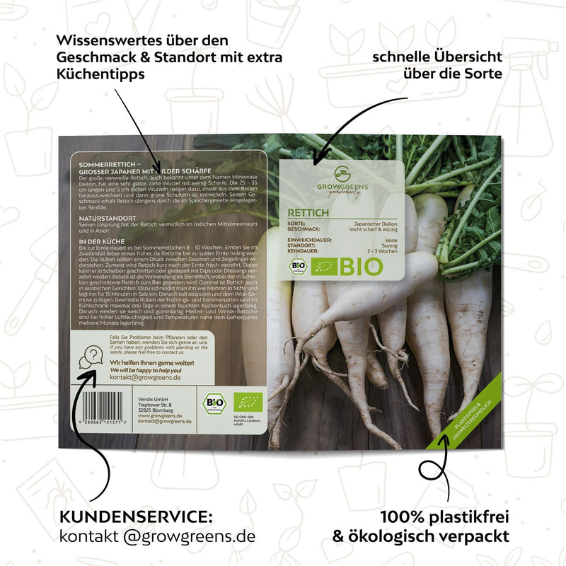 BIO Rettich Samen (Japanischer Daikon) - Rettich Saatgut aus biologischem Anbau (50 Korn) - HappySeed