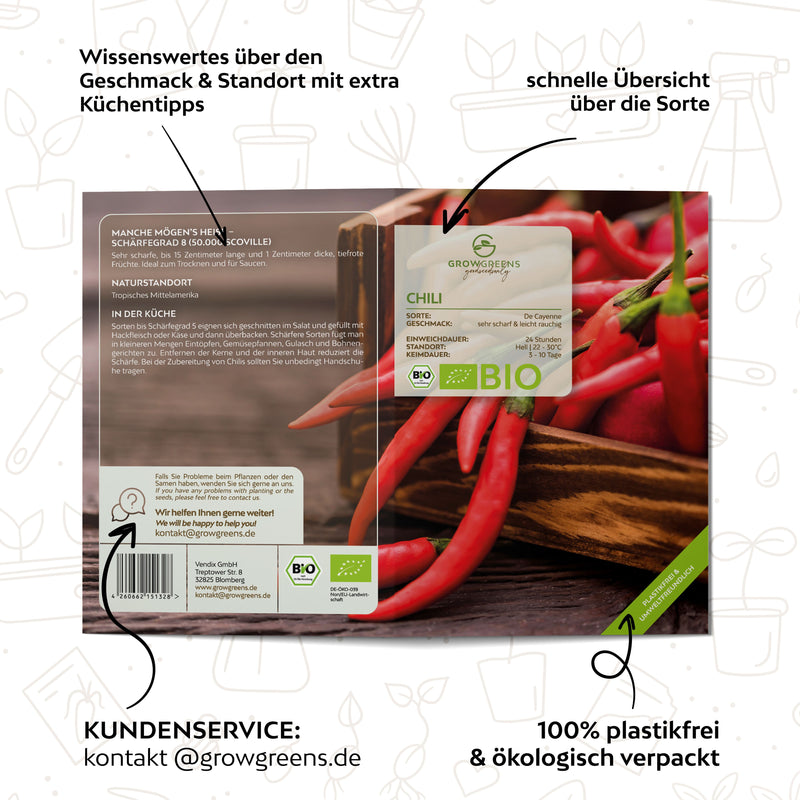 BIO Chili Samen (De Cayenne, 50.000 Scoville) - Chili Saatgut aus biologischem Anbau (10 Korn) - HappySeed