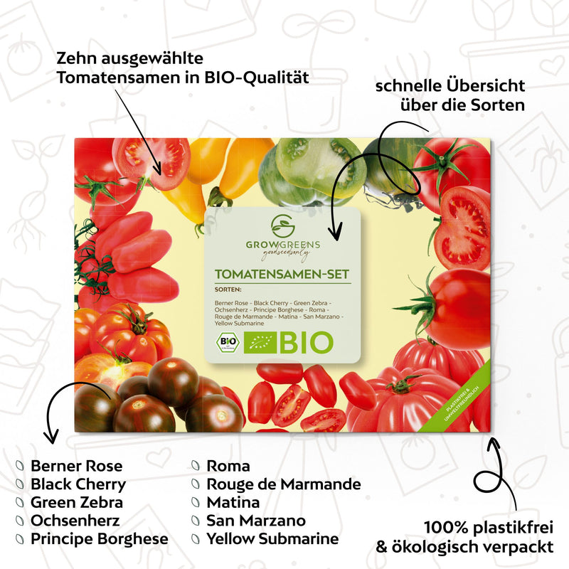 BIO Tomatensamen Set (10 Sorten) - Tomaten Samen Anzuchtset aus biologischem Anbau - HappySeed