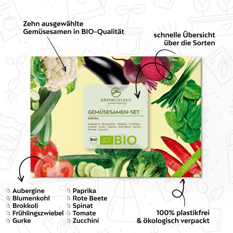 BIO Gemüsesamen Set (10 Sorten) - Gemüse Samen Anzuchtset aus biologischem Anbau - HappySeed