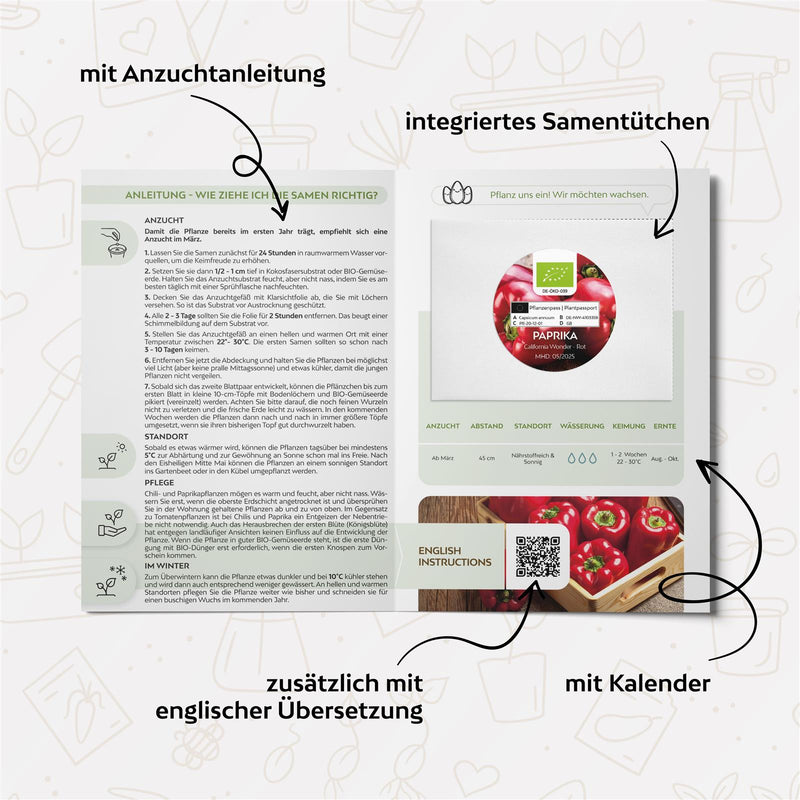 BIO Paprika Samen (California Wonder) - Rote Paprika Saatgut aus biologischem Anbau (10 Korn) - HappySeed