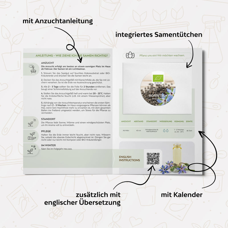 BIO Borretsch Samen - Küchenkräuter Saatgut aus biologischem Anbau (40 Korn) - HappySeed