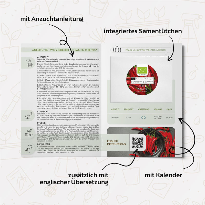 BIO Chili Samen (De Cayenne, 50.000 Scoville) - Chili Saatgut aus biologischem Anbau (10 Korn) - HappySeed