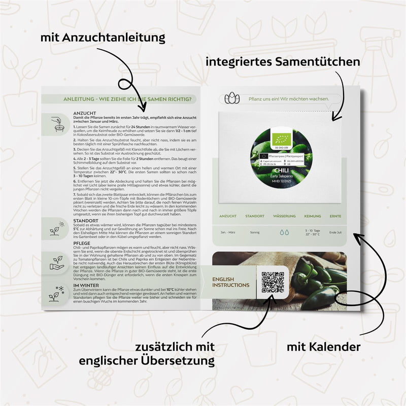 BIO Chili Samen (Early Jalapeno, 5.000 Scoville) - Chili Saatgut aus biologischem Anbau (10 Korn) - HappySeed
